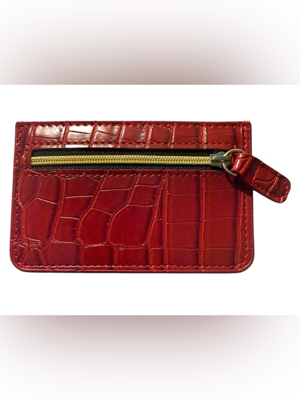 B-Low the Belt Red Croc Embossed Leather Card Holder with Gold Zipper
